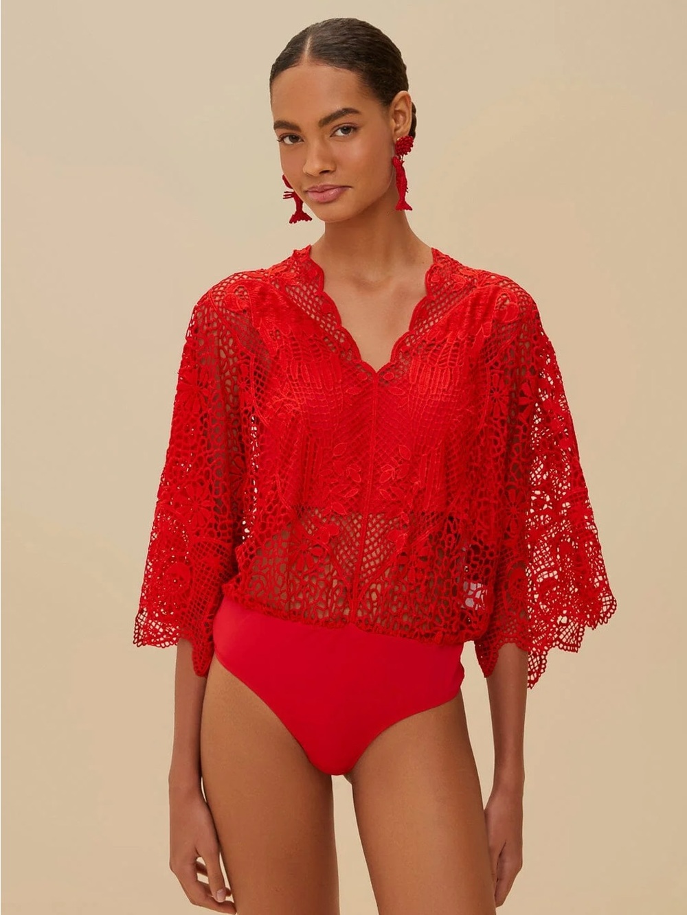 FARM Rio Red Crochet Lace Bodysuit Cover-Up